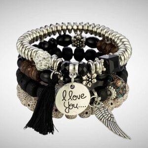 🖤 Black Beaded I Love You Boho  Bracelet Stack Brand New